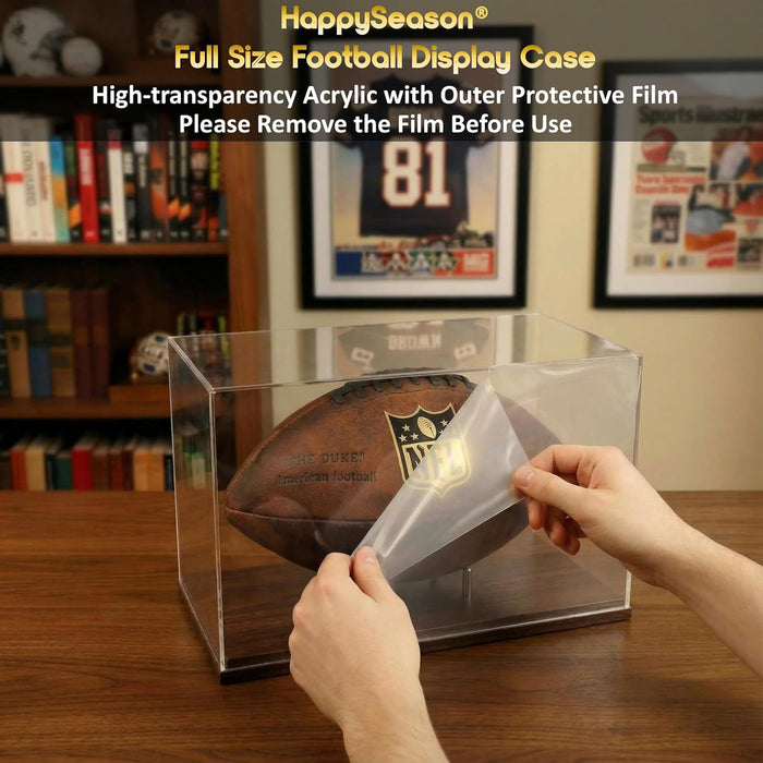 Happyseason Football Display Case, Walnut Wood Base, One-Piece Acrylic, Stainless Steel Rods, Clear Signed Football Holder, Full Size Autograph Football Display Stand, No Assembly Needed