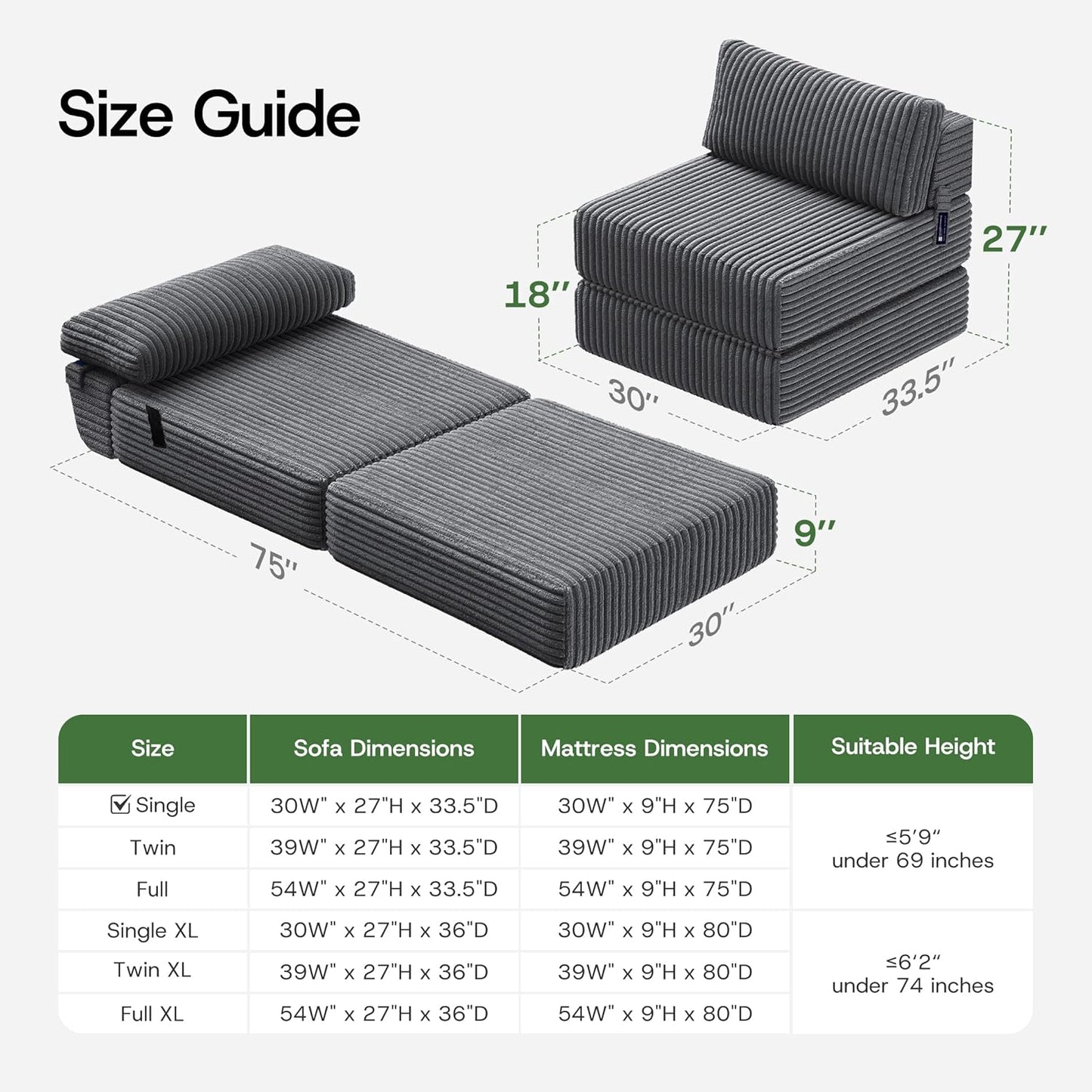 4-in-1 Folding Sofa Bed Convertible Chair Couch Foldable Chaise Lounger & Mattress Pocket Coils+Foam Fill, Portable No Assembly Boneless Sofa Floor Futon for Living Room/Bedroom, Single VE1