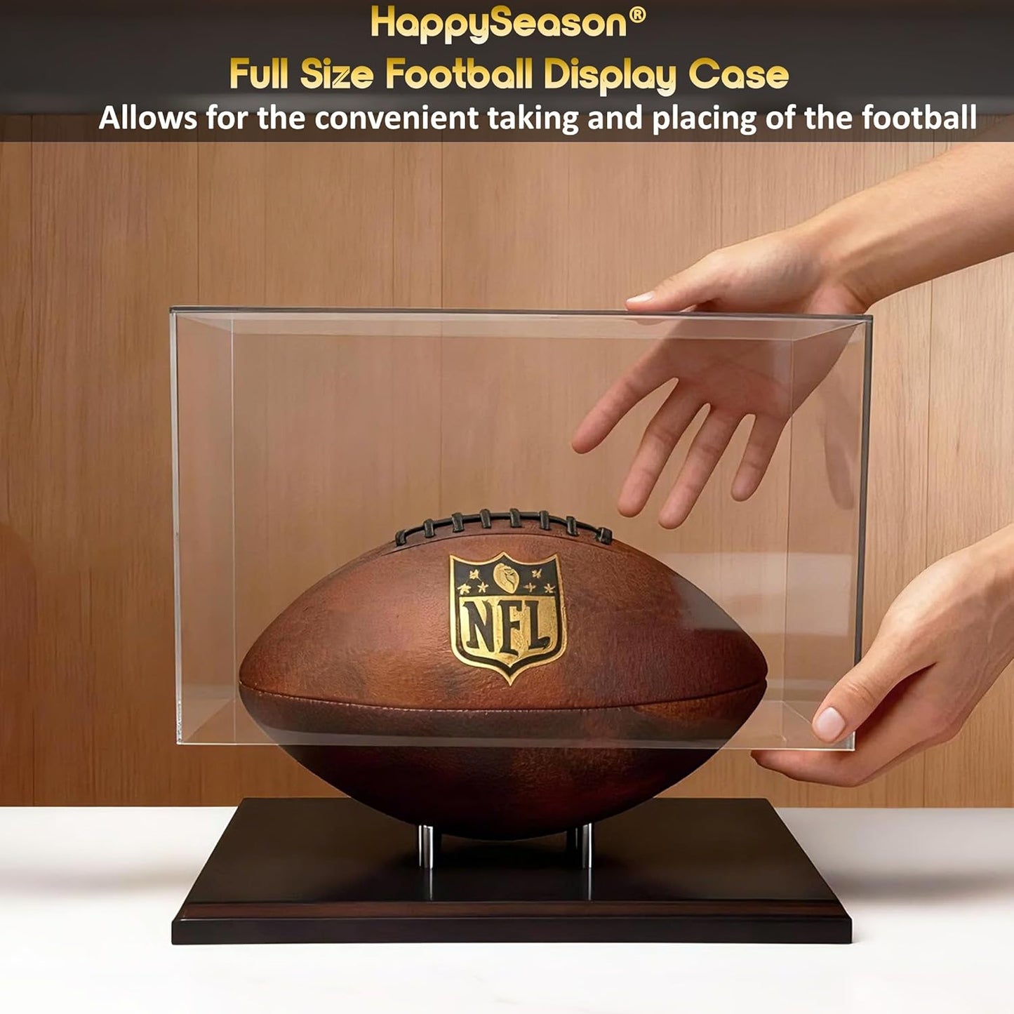 Happyseason Football Display Case, Walnut Wood Base, One-Piece Acrylic, Stainless Steel Rods, Clear Signed Football Holder, Full Size Autograph Football Display Stand, No Assembly Needed