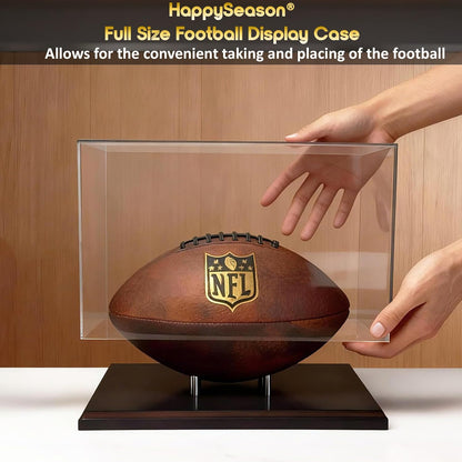 Happyseason Football Display Case, Walnut Wood Base, One-Piece Acrylic, Stainless Steel Rods, Clear Signed Football Holder, Full Size Autograph Football Display Stand, No Assembly Needed