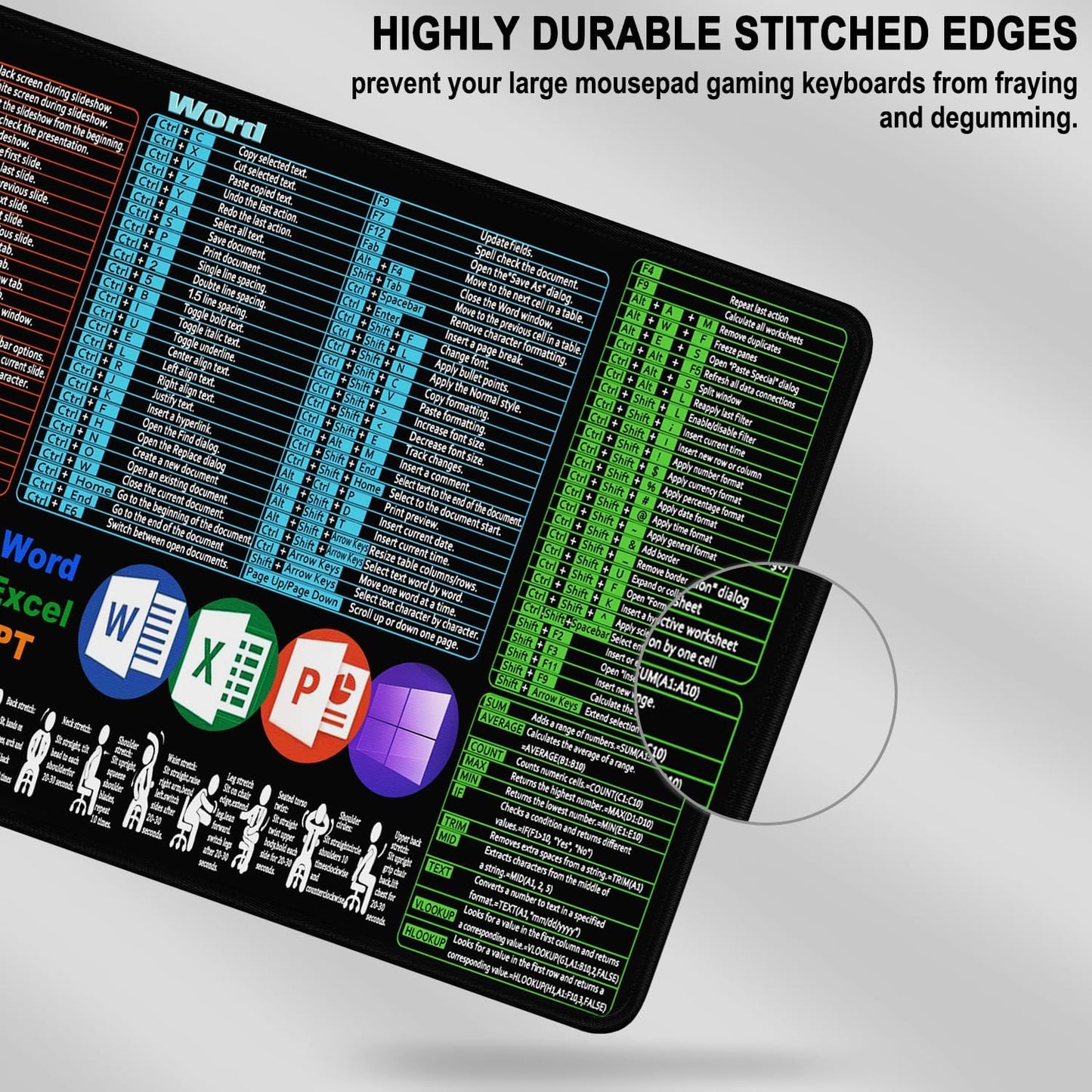 Excel Shortcuts Large Mouse Pad, 31.5 x 15.7 in Gaming Extended Mousepad with Stitched Edge, Non-Slip Rubber Base Water Resist Keyboard Pad for Office Game Home XXL, Word Excel PPT