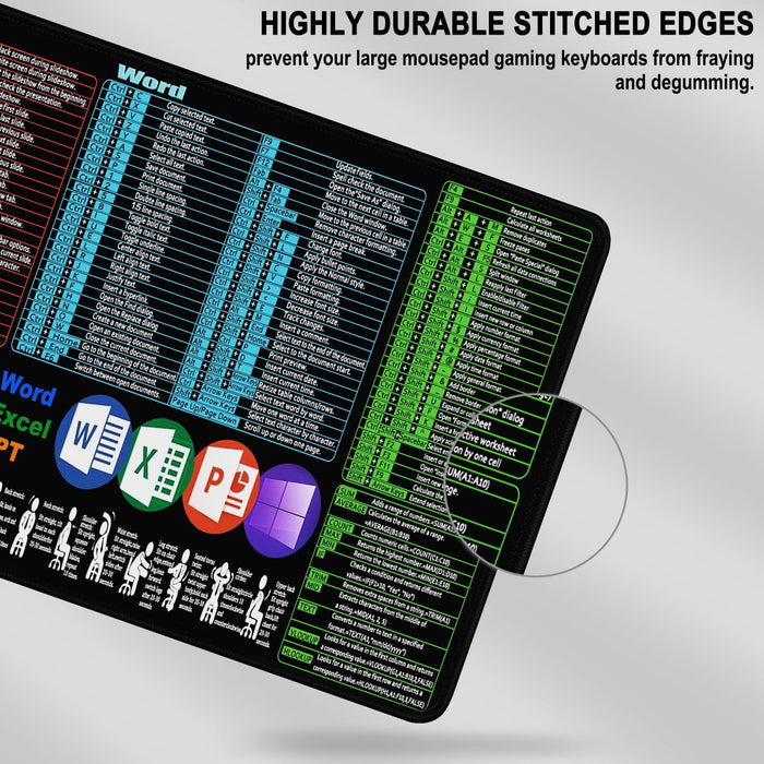 Excel Shortcuts Large Mouse Pad, 31.5 x 15.7 in Gaming Extended Mousepad with Stitched Edge, Non-Slip Rubber Base Water Resist Keyboard Pad for Office Game Home XXL, Word Excel PPT