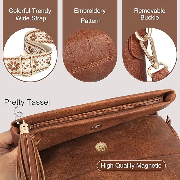 HILAEX Leather Crossbody Bag for Women Shoulder Handbag Multiple Pockets Adjustable Guitar Strap Tassel Trendy Travel