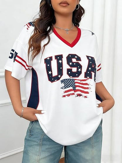 LUKYCILD USA Jersey Shirts for Women Oversized Patriotic Tshirt 4th of July Outfits American Flag Graphic Tee V Neck Y2K Tops