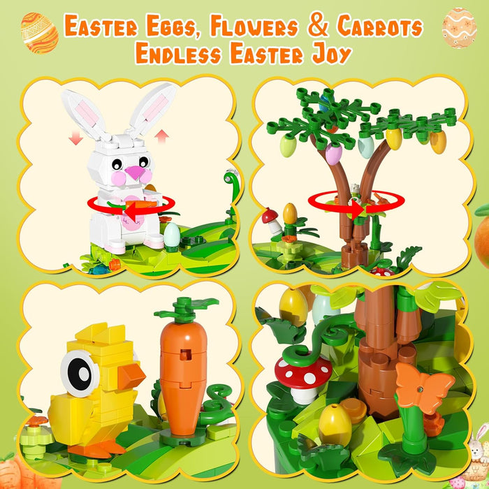 Easter Egg Hunt Bunny Building Rotate Toy Set - Movable Ears Forest Base Running Water Rotating Mechanism to Rotate Bunny Tree, Chick Rabbit Festival Decoration Gifts for Kids Adults Boys Girls 8+