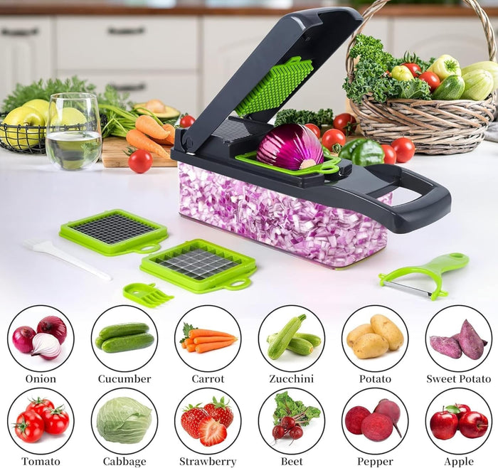 Big Kitchen Vegetable Chopper 16-in-1 Pro Onion & Food Slicer Dicer Veggie Cutter with 11 Blades & Container Kitchen Utensil Set for Cooking & Meal Prep Useful Gadget for New Homeowners