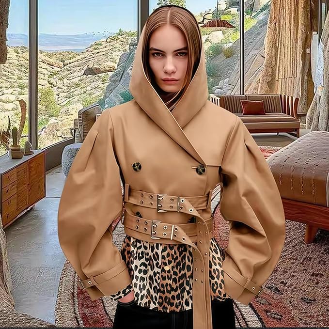 Wuitrie Women's Vintage Leather Hooded Coat Puff Sleeve Belted Waist Oversized Short Jacket Fall Casual Vacation Outwear