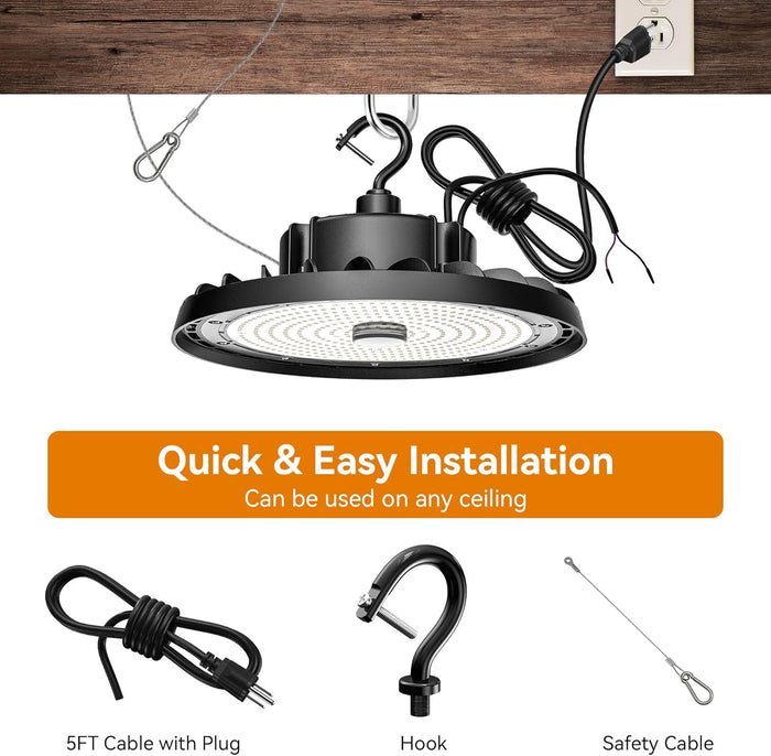 UFO LED High Bay Light 240W 36,000lm 0-10V Dimmable 5000K Daylight, High Bay LED Shop Light with US Plug 5’ Cable, Commercial LED Warehouse Lights, Factory Area Lighting Fixture