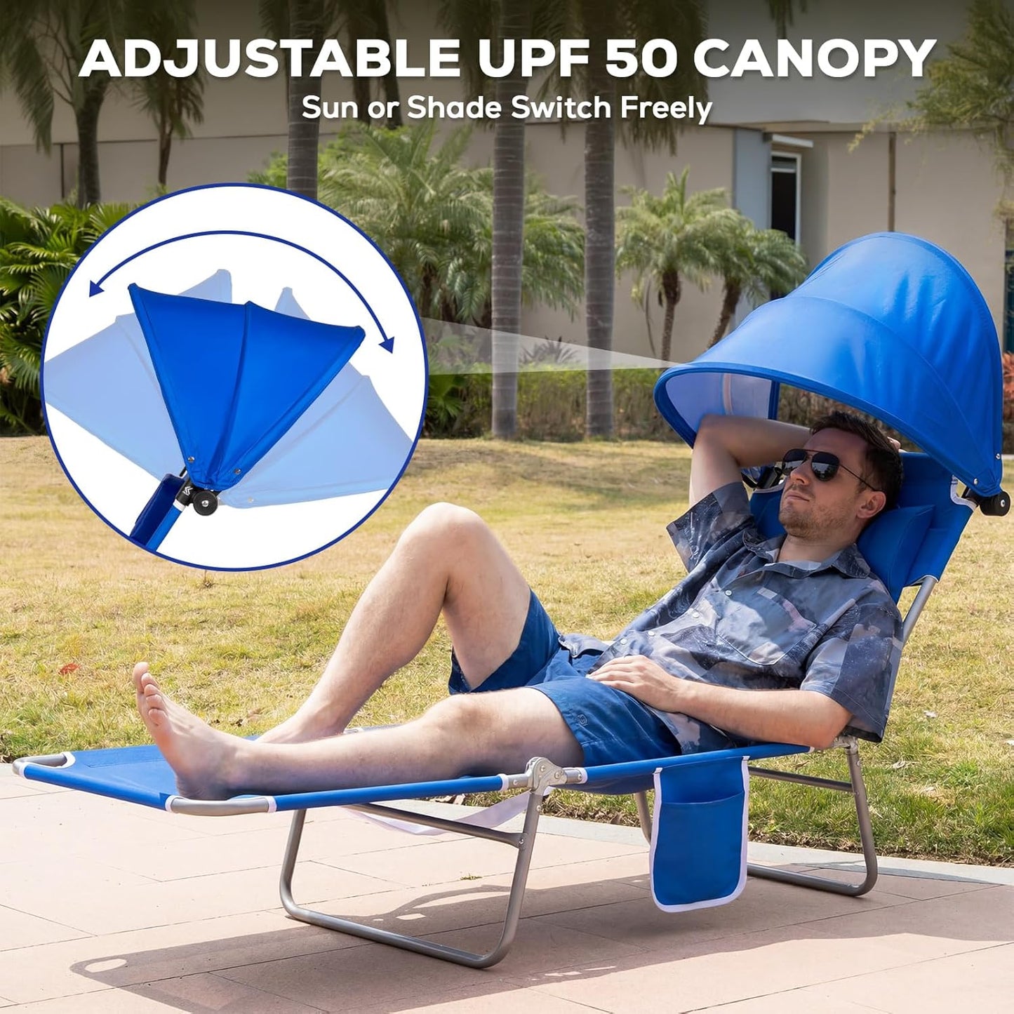 Romswi 2PK Folding Tanning Beach Chair with Face Hole & Canopy Shade, 5-Position Reclining Sun Lounger, Portable Face Down Tanning Chair with Arm Holes & Side Pocket for Beach, Pool & Patio,Royal Blue