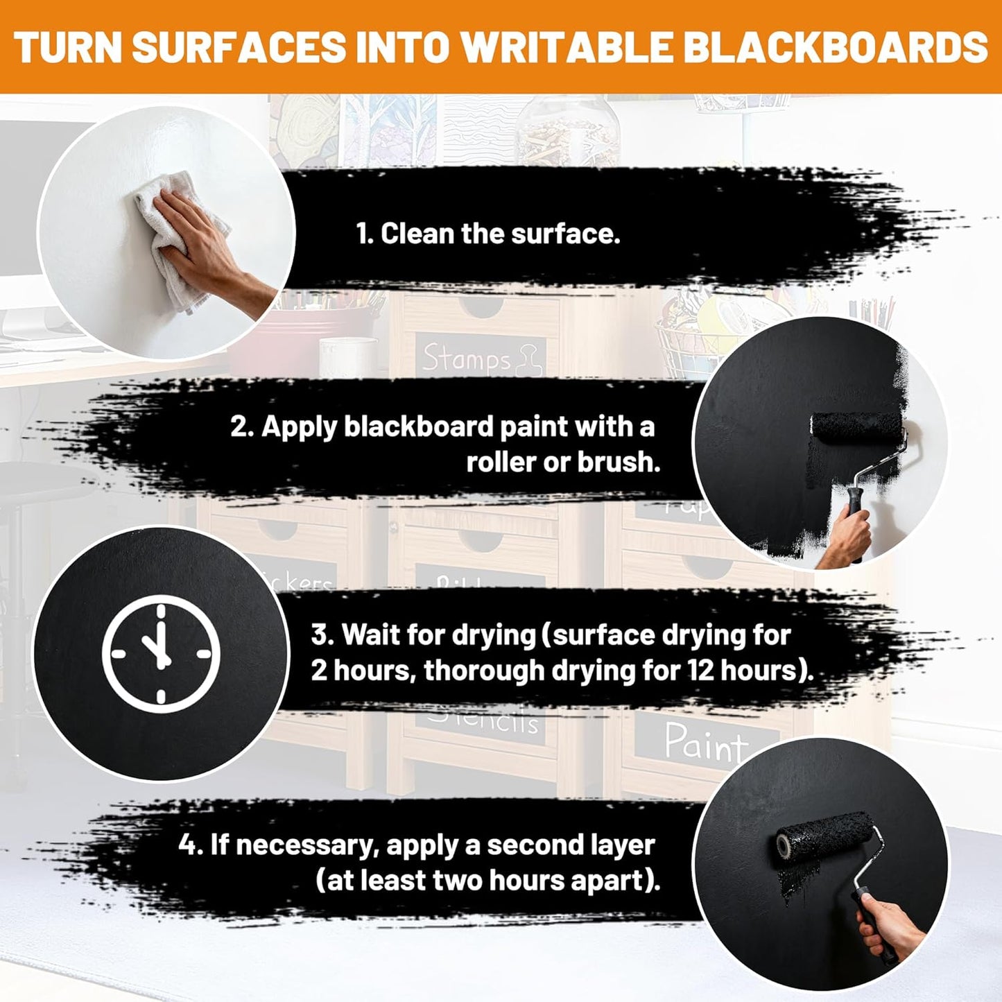 Black Chalkboard Paint - Matte Black Chalk Board Paint, 33.8 Fl Oz Easy to Apply & Brush-On Interior DIY Acrylic Coating, Chalkboard Finish for Wood, Metal, Furniture, Wall, Craft Covers 64 Sq Ft