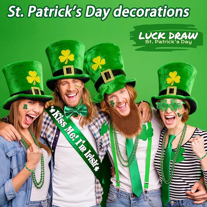 St. Patrick's Day Party Accessories Set, 52 Pcs Irish Celebration Costume Kit for adults with Hats, Bow Ties,Necktie,Beards,Shamrock Glasses, Necklaces,Wristbands,Sash for Irish Party Supplies