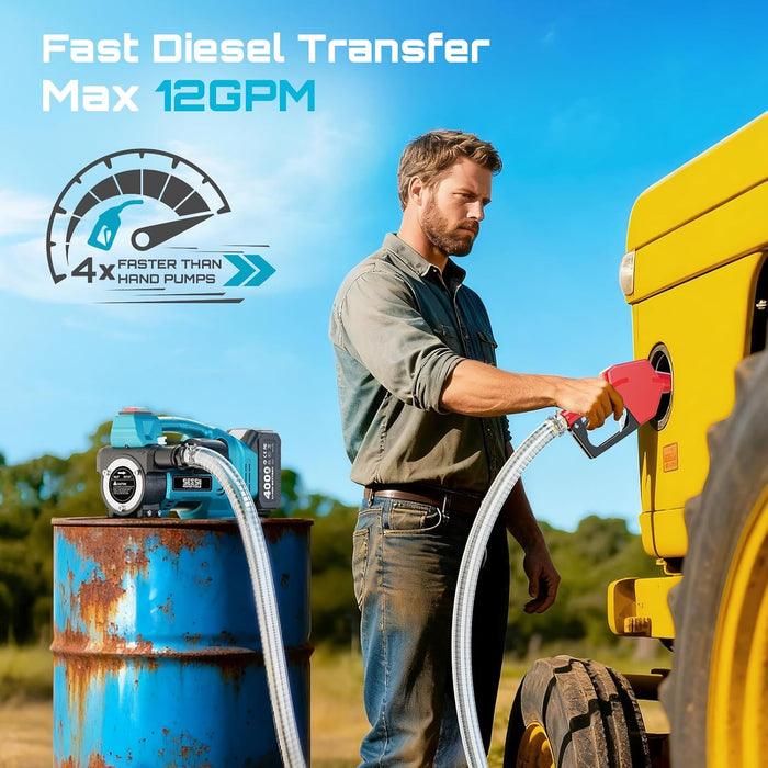 SEESII Diesel Transfer Pump Battery Powered: 12GPM Cordless Electric Fuel Transfer Pump Kit w/ 4.0Ah Battery & Auto-Stop Nozzle, 2 Hoses & Filter for Diesel Kerosene Portable Fueling on Farm Boat Home