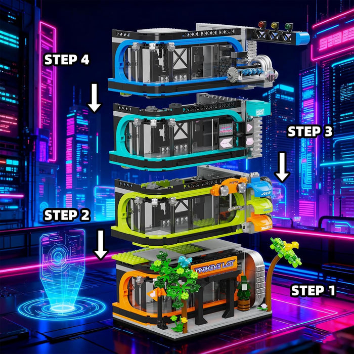 Futuristic City Parking Tower Building Set for Adults, Compatible with Lego City Mini Cars (6-Stud Wide) & 1:64 Die-Cast Cars, Vertical Car Display Garage for City Builds & Collectors (1144 Pieces)
