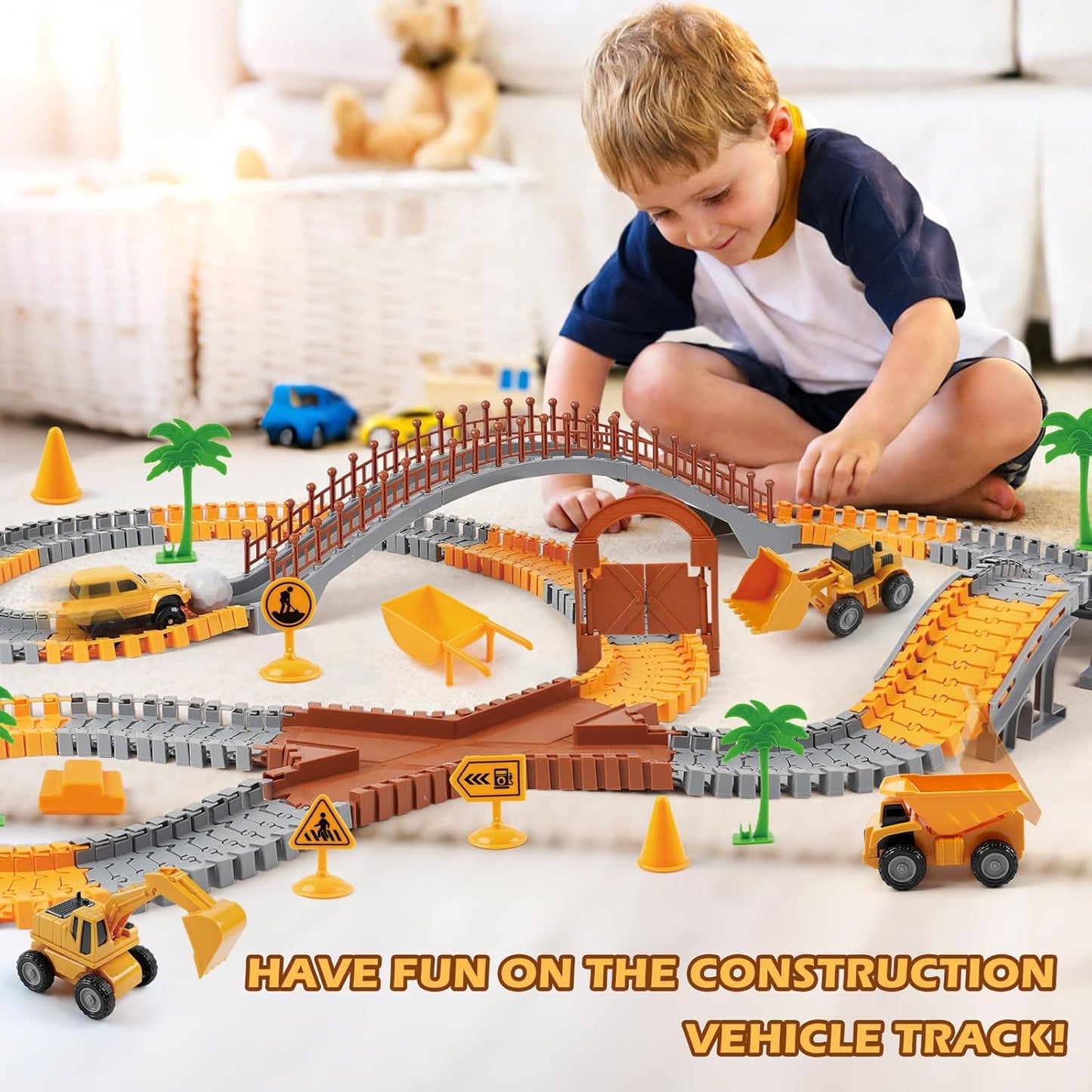 Magickidz 230+ PCS Construction Tracks Toy for Kids - DIY Engineering Building Set with Excavator, Dump Truck, Best Birthday Gift for Boys 3 4 5 6 7 Years Old, Flexible Race Car Track Playset