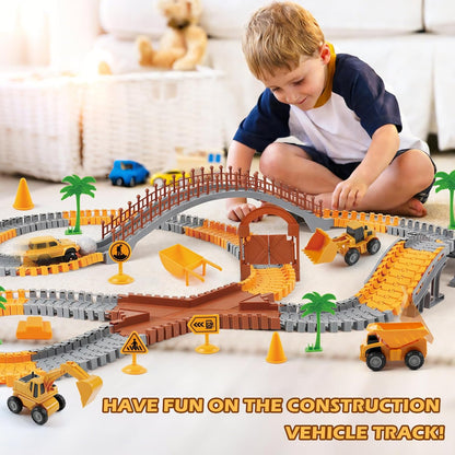 Magickidz 230+ PCS Construction Tracks Toy for Kids - DIY Engineering Building Set with Excavator, Dump Truck, Best Birthday Gift for Boys 3 4 5 6 7 Years Old, Flexible Race Car Track Playset
