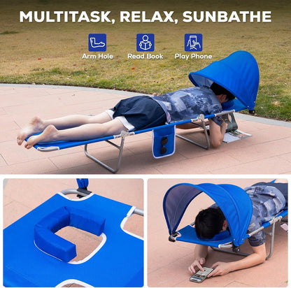 Romswi 2PK Folding Tanning Beach Chair with Face Hole & Canopy Shade, 5-Position Reclining Sun Lounger, Portable Face Down Tanning Chair with Arm Holes & Side Pocket for Beach, Pool & Patio,Royal Blue