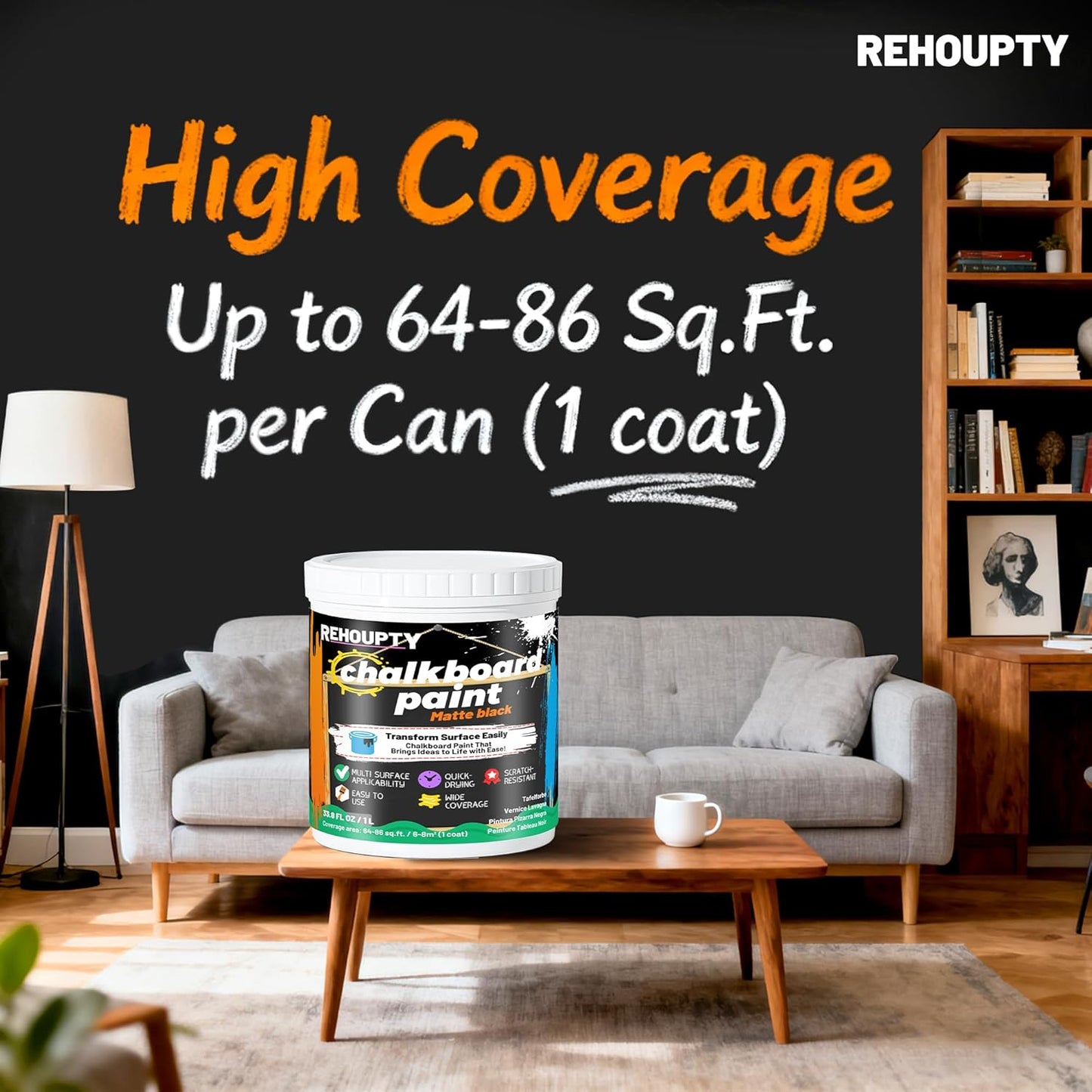 Black Chalkboard Paint - Matte Black Chalk Board Paint, 33.8 Fl Oz Easy to Apply & Brush-On Interior DIY Acrylic Coating, Chalkboard Finish for Wood, Metal, Furniture, Wall, Craft Covers 64 Sq Ft