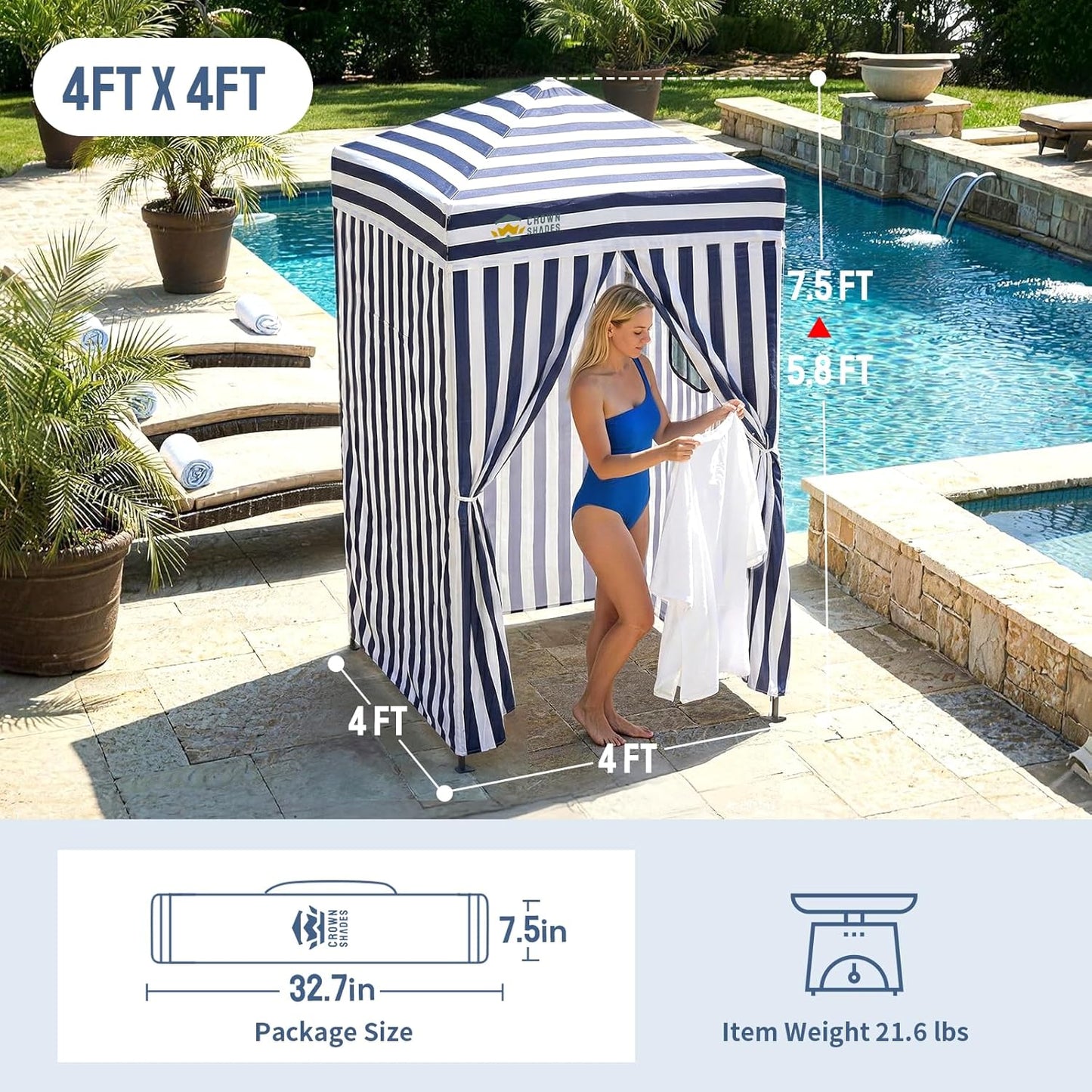 CROWN SHADES 4x4 Pop Up Changing Tent, Patented One-Push Center Lock Portable Changing Room, Privacy Canopy for Camping, Poolside, Beach, Photoshoots, Blue/White