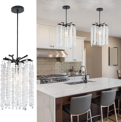 Twinklumen Black Crystal Pendant Light for Kitchen Island, Luxury Branch Chandelier Lights Fixture, Modern Elegant Adjustable Pendant Lighting for Dining Room Bedroom, E12 Bulb, L8'' x H11''