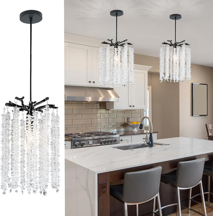 Twinklumen Black Crystal Pendant Light for Kitchen Island, Luxury Branch Chandelier Lights Fixture, Modern Elegant Adjustable Pendant Lighting for Dining Room Bedroom, E12 Bulb, L8'' x H11''