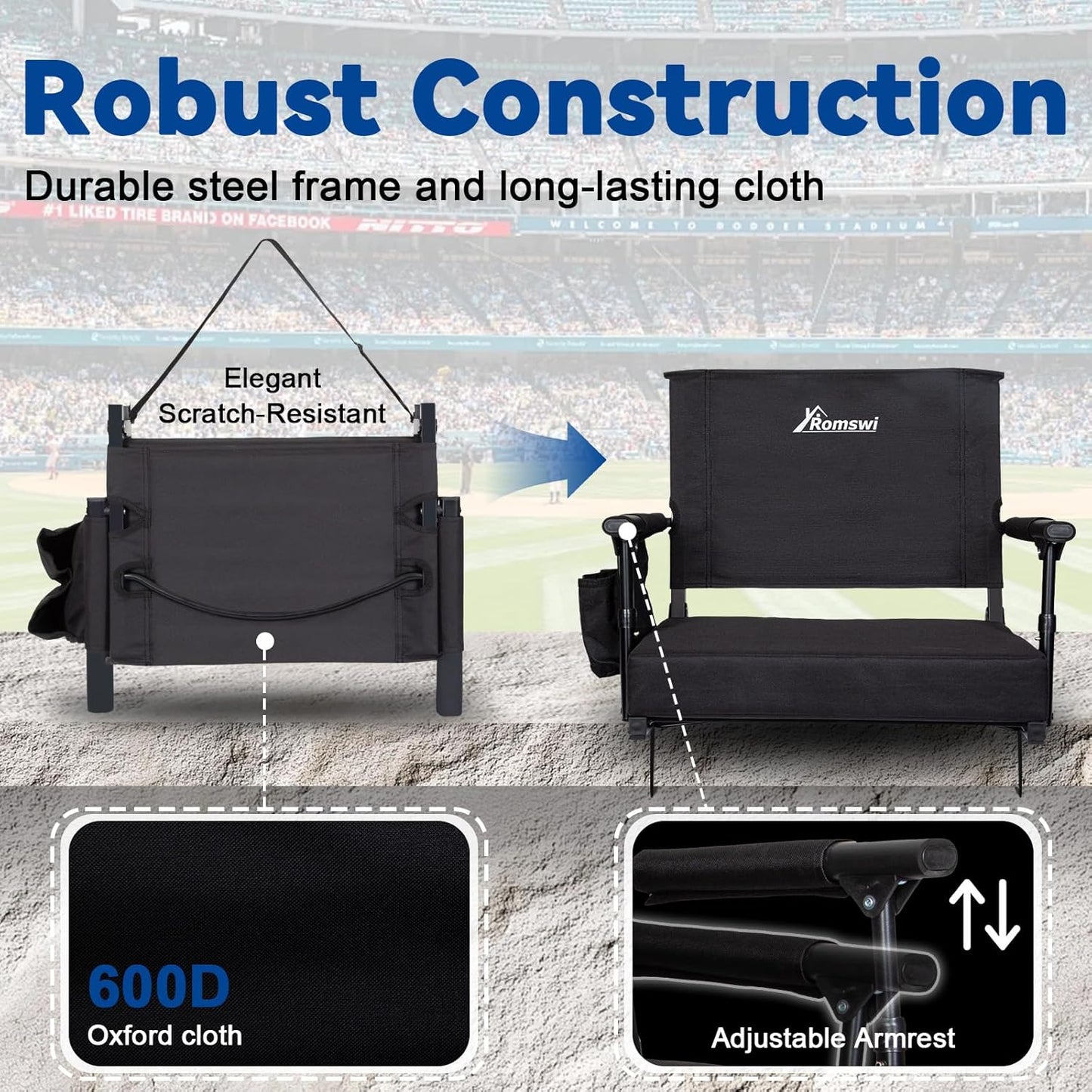 Romswi 2 Pack Stadium Seats with Back Support & Armrests, 2.8" Padded Bleacher Chairs with Cup Holders & Hooks, Portable Folding Stadium Chairs for Bleachers, Football Games & Outdoor Events, Black