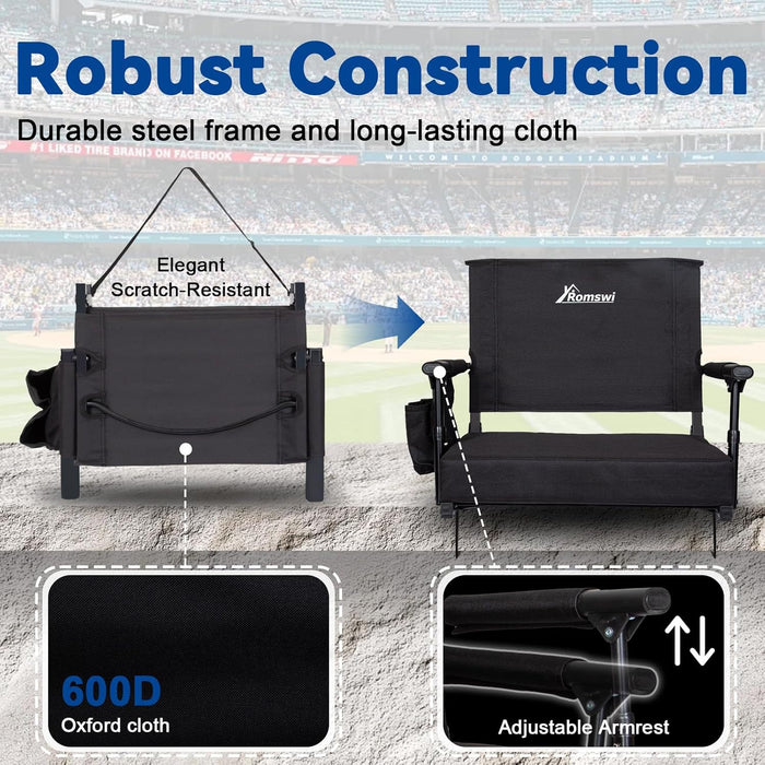 Romswi 2 Pack Stadium Seats with Back Support & Armrests, 2.8" Padded Bleacher Chairs with Cup Holders & Hooks, Portable Folding Stadium Chairs for Bleachers, Football Games & Outdoor Events, Black