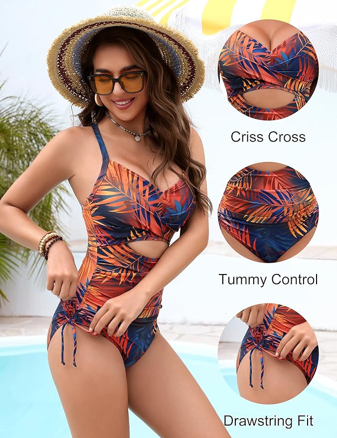 Blooming Jelly Women One Piece Swimsuits with Drawstring Tummy Control Cutout Bathing Suit Ruched Full Coverage Swim Suits