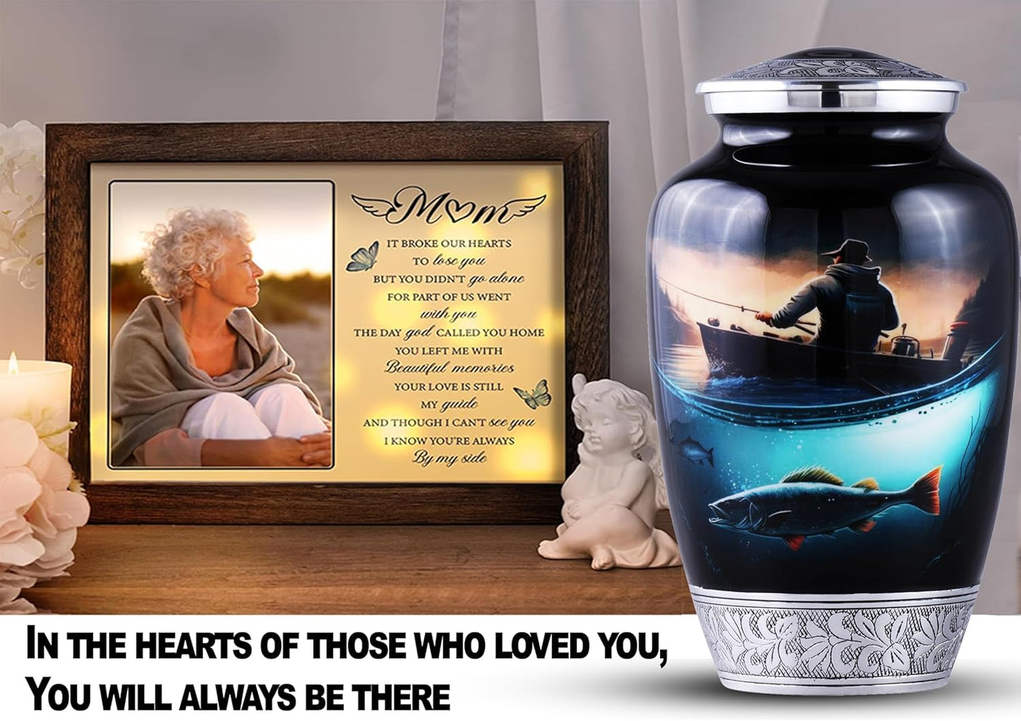 Fishing Cremation Urn for Human Ashes | Adult Cremation Urn for Ashes, Urn for Men & Women, Handmade Funeral Urns with Velvet Bag 200cubic Inch. (Black Engraved, Adult)