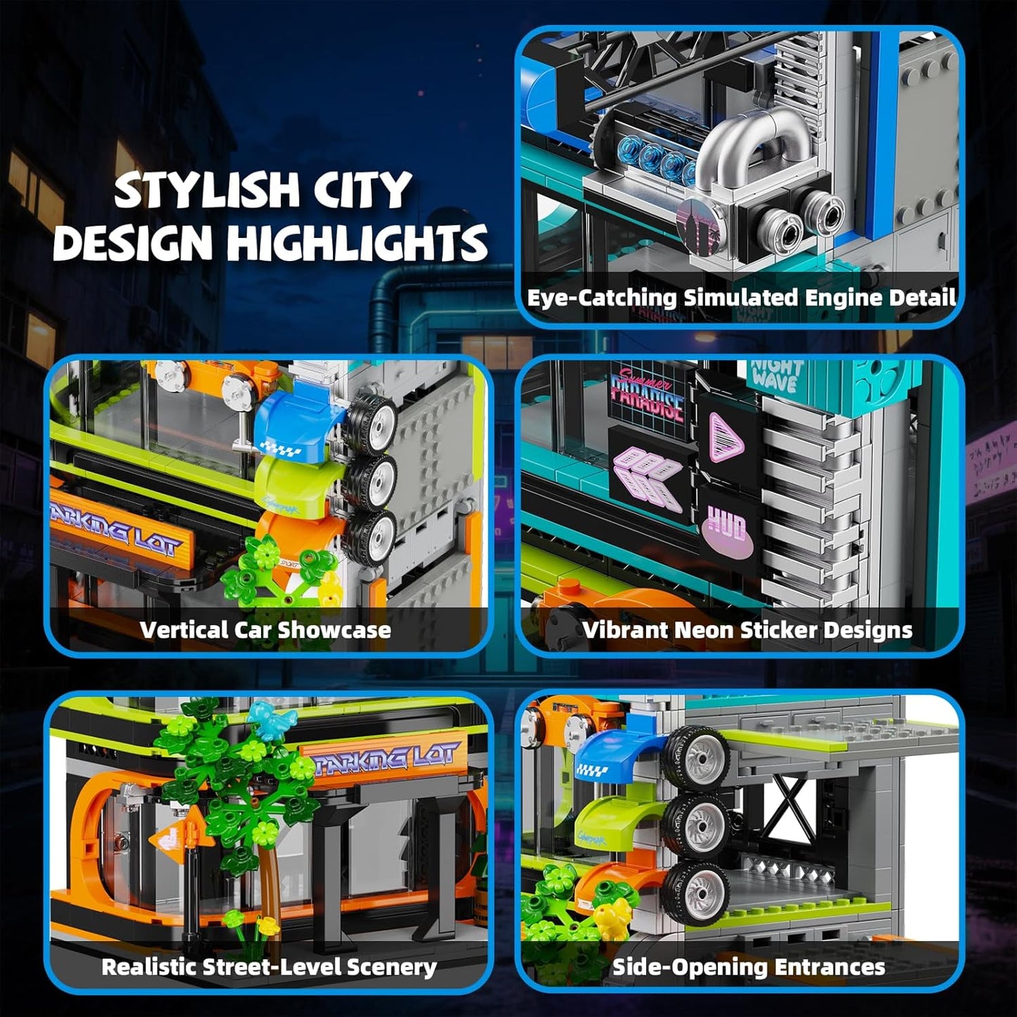 Futuristic City Parking Tower Building Set for Adults, Compatible with Lego City Mini Cars (6-Stud Wide) & 1:64 Die-Cast Cars, Vertical Car Display Garage for City Builds & Collectors (1144 Pieces)