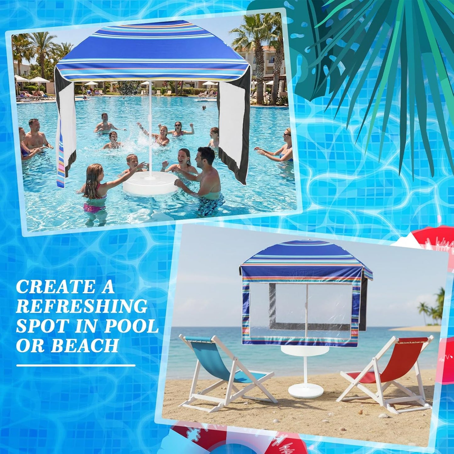 5×5ft Floating Pool Canopy for Inside of Pool Blue Stripes Swimming Tent with Floating Table for The Lake, River, Beach