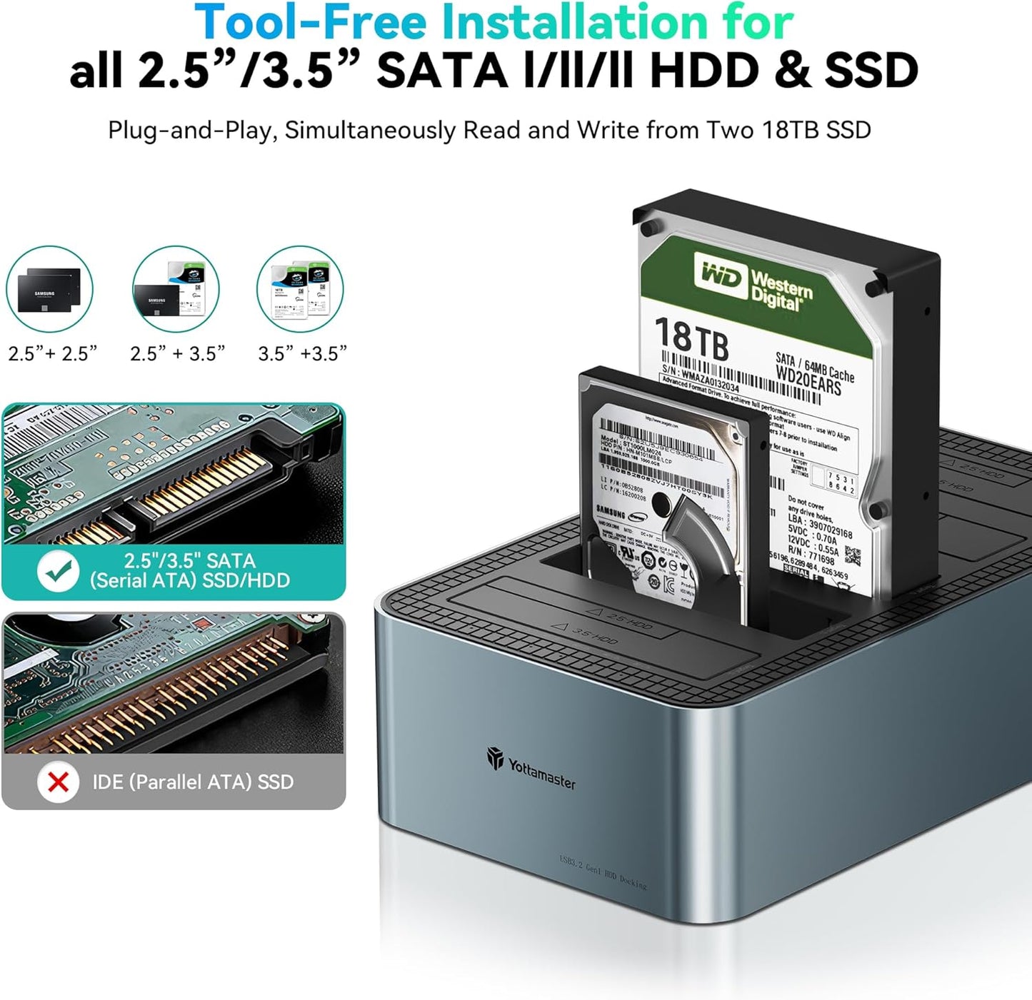 Yottamaster 5 Bay Hard Drive Docking Station Aluminum for 2.5''/3.5'' SATA SSD/HDD, USB 3.2 Gen1 Hard Drive Cloner Duplicator, Supports UASP and Up to 90TB (5x18TB) for 1-to-4 Offline Cloning (KB500)