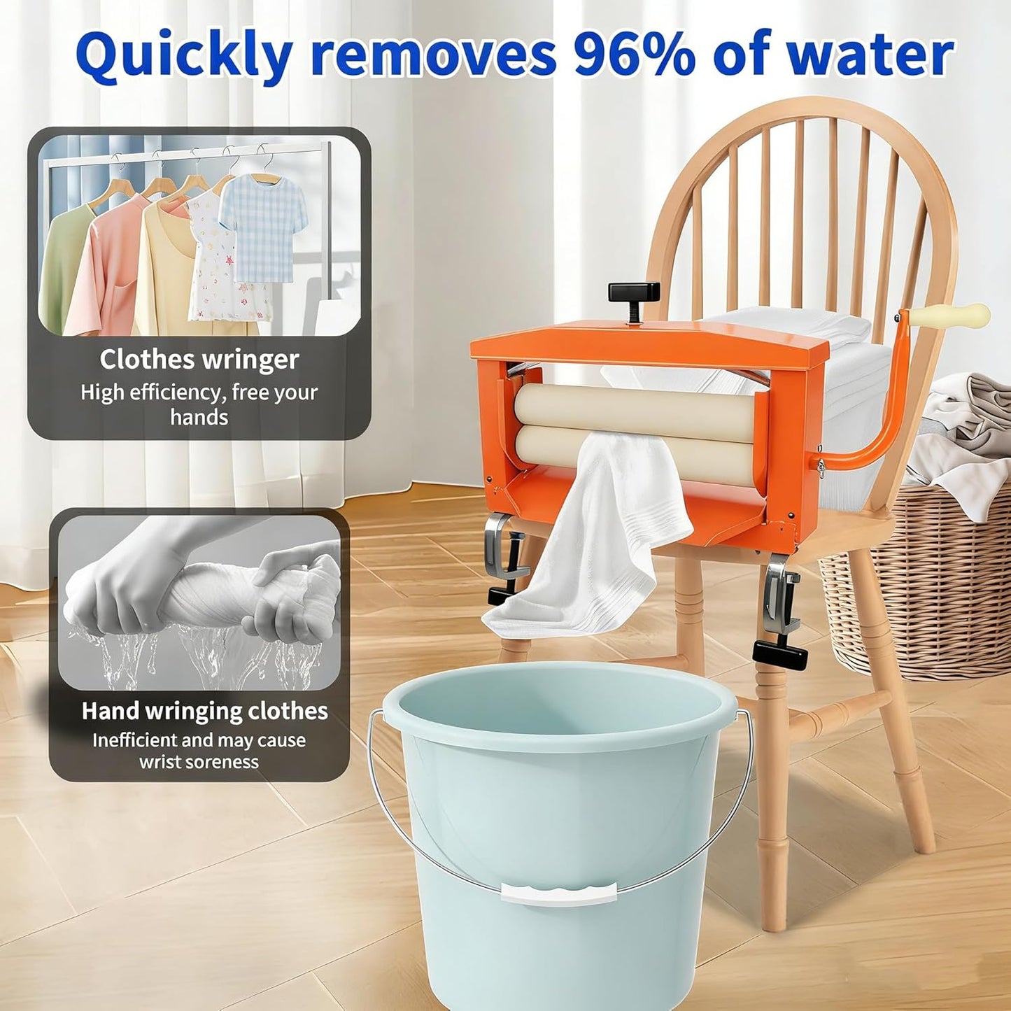 Clothes Wringer - Better Moisture Removal than Portable Washing Machine/Portable Dryer - Heavy Duty Off Grid Laundry Wringer | Perfect Towel Wringer for Chamois Cloth - Orange