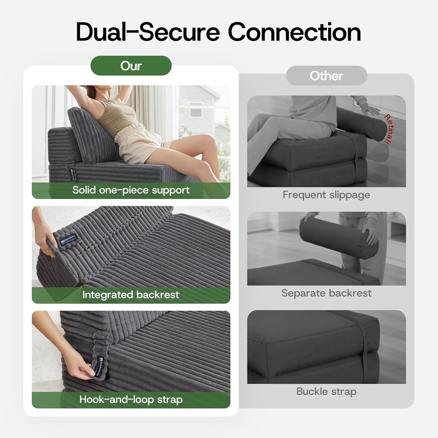 4-in-1 Folding Sofa Bed Convertible Chair Couch Foldable Chaise Lounger & Mattress Pocket Coils+Foam Fill, Portable No Assembly Boneless Sofa Floor Futon for Living Room/Bedroom, Single VE1
