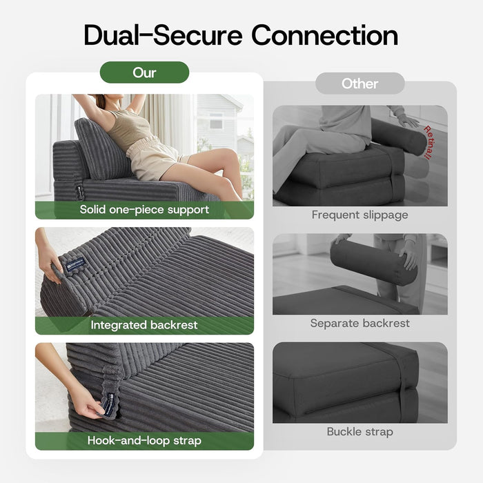 4-in-1 Folding Sofa Bed Convertible Chair Couch Foldable Chaise Lounger & Mattress Pocket Coils+Foam Fill, Portable No Assembly Boneless Sofa Floor Futon for Living Room/Bedroom, Single VE1