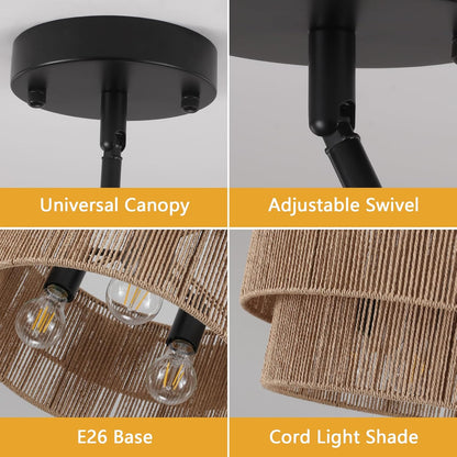 ZGKUYD Brown Boho Woven Rattan Chandelier, Adjustable Black Rod 2-Tier Drum Hanging Light, Brown Pendant Light for Dining Room/Kitchen Island