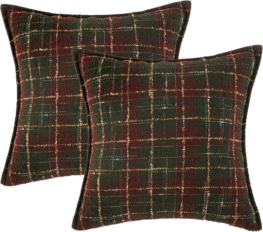 MAGOLIFE Scottish Tweed Loop Yarn Tartan Plaid Cotton Thread Tassel Throw Pillow Cover Holiday Decorative Retro Classic Cushion Pillow Case for Living Room Couch Bed Sofa Home (2 Pcs 18“x18)