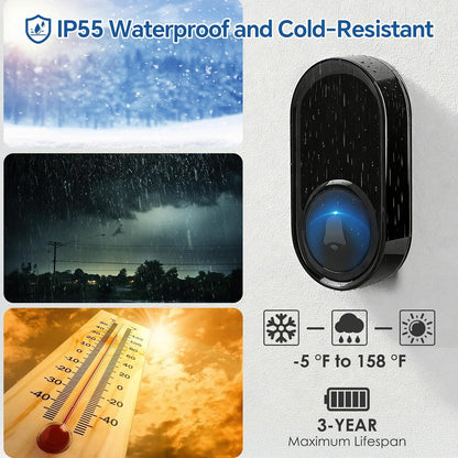 Wireless Bell 1 Transmitters 1 Receivers, Bell Front Door Radio Set, 400 m / 1300 ft Range, 58 Melodies, IP55 Outdoor Waterproof for Garden, Home, Office