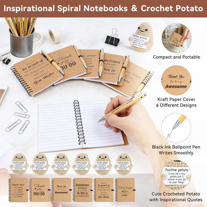 42 Pcs/6 Sets Employee appreciation gifts bulk - Includes 16oz glass cups with bamboo lid, Positive crochet, Kraft paper gift bags & straw - Thank you gifts for coworkers, Teachers, Staff & Team