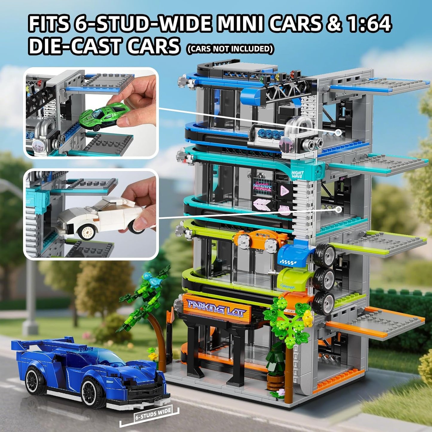 Futuristic City Parking Tower Building Set for Adults, Compatible with Lego City Mini Cars (6-Stud Wide) & 1:64 Die-Cast Cars, Vertical Car Display Garage for City Builds & Collectors (1144 Pieces)