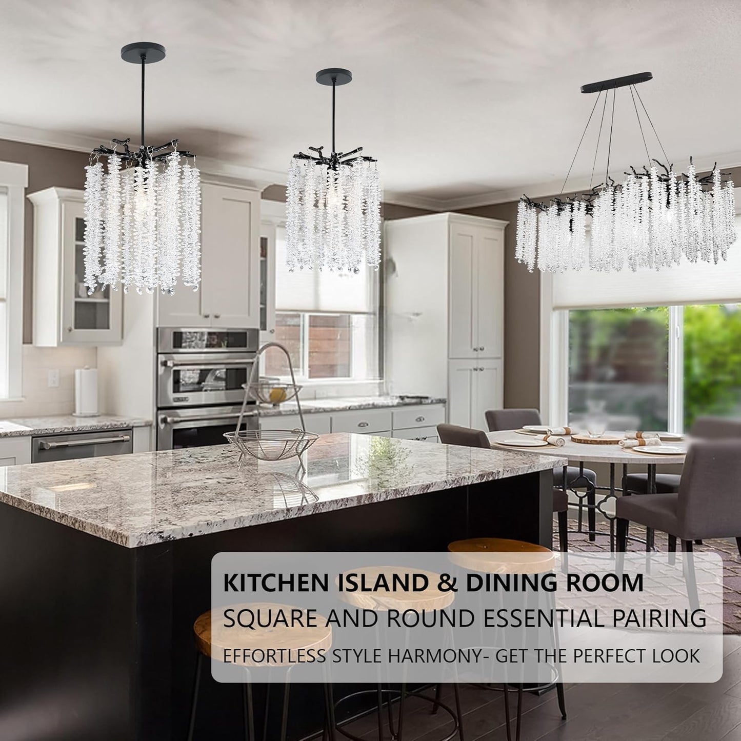 Twinklumen Black Crystal Pendant Light for Kitchen Island, Luxury Branch Chandelier Lights Fixture, Modern Elegant Adjustable Pendant Lighting for Dining Room Bedroom, E12 Bulb, L8'' x H11''