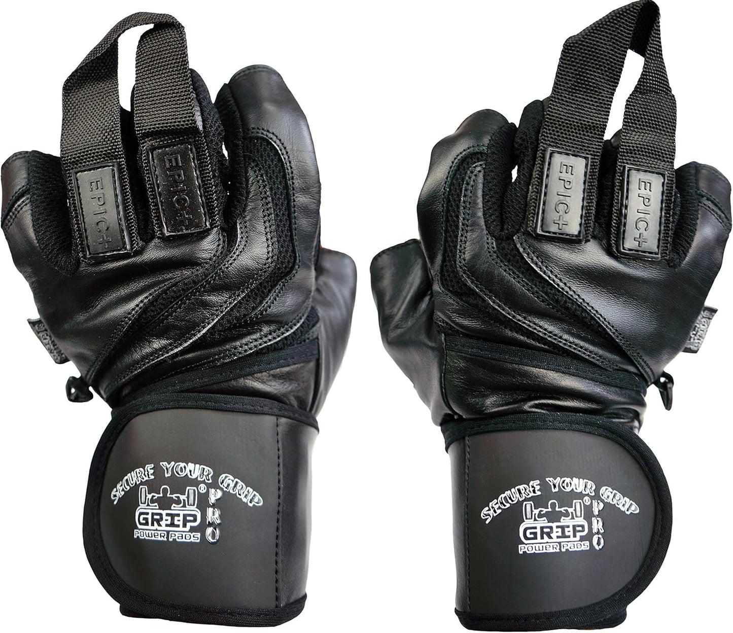 Epic Leather Gym Gloves with Built in 2" Wide Wrist Wraps Best Grip & Design for Weightlifting Power Lifting Bodybuilding & Strength Training Workout Exercises (Black, Medium 7 5/8" - 8")