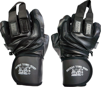 Epic Leather Gym Gloves with Built in 2" Wide Wrist Wraps Best Grip & Design for Weightlifting Power Lifting Bodybuilding & Strength Training Workout Exercises (Black, Medium 7 5/8" - 8")