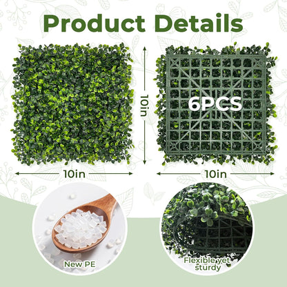Artificial Grass Wall Panel Screen: 10"x10" 6P (4.2 sqft) UV-Anti Faux Boxwood Panels for Indoor Outdoor Green Wall Decor, Privacy Fence, Patio, Balcony, Party Backdrop