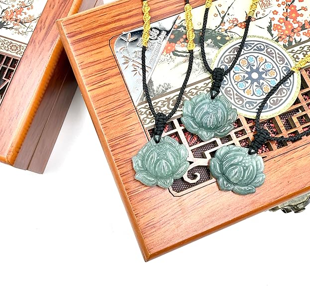 Jade Pendant Necklace, Healing Stone Necklace, Handcrafted Natural Healing Pendant for Men and Women - Infused with Chakra Energy to Attract Wealth, Luck and Health (Green Lotus)