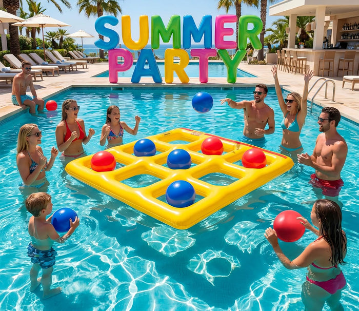 Pool Toy - Inflatable Floating Tic Tac Toe with 10 Balls, Outdoor Water Games for Adults, Teens, Family & Kids, Fun Pool Party Essentials for Above Ground & Inground Pools-Old Gold