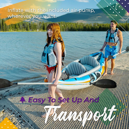 Sunlite Sports Inflatable Kayak 2 Person with Canopy, Portable Inflatable Boat with Shed & Aluminum Oars, Lightweight Tandem Kayak with Air Pump & Carry Bag for Lakes & Rivers, 400 LB