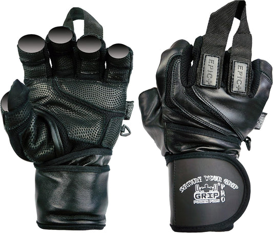 Epic Leather Gym Gloves with Built in 2" Wide Wrist Wraps Best Grip & Design for Weightlifting Power Lifting Bodybuilding & Strength Training Workout Exercises (Black, Medium 7 5/8" - 8")