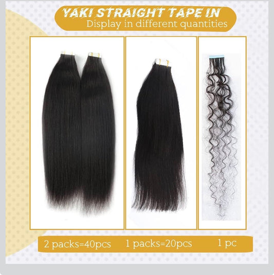 Human Hair Light Yaki Straight Tape in Extensions for Black Women - 20PCS Skin Weft - 9A Brazilian Yaki Hair