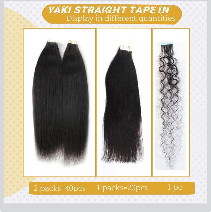 Human Hair Light Yaki Straight Tape in Extensions for Black Women - 20PCS Skin Weft - 9A Brazilian Yaki Hair