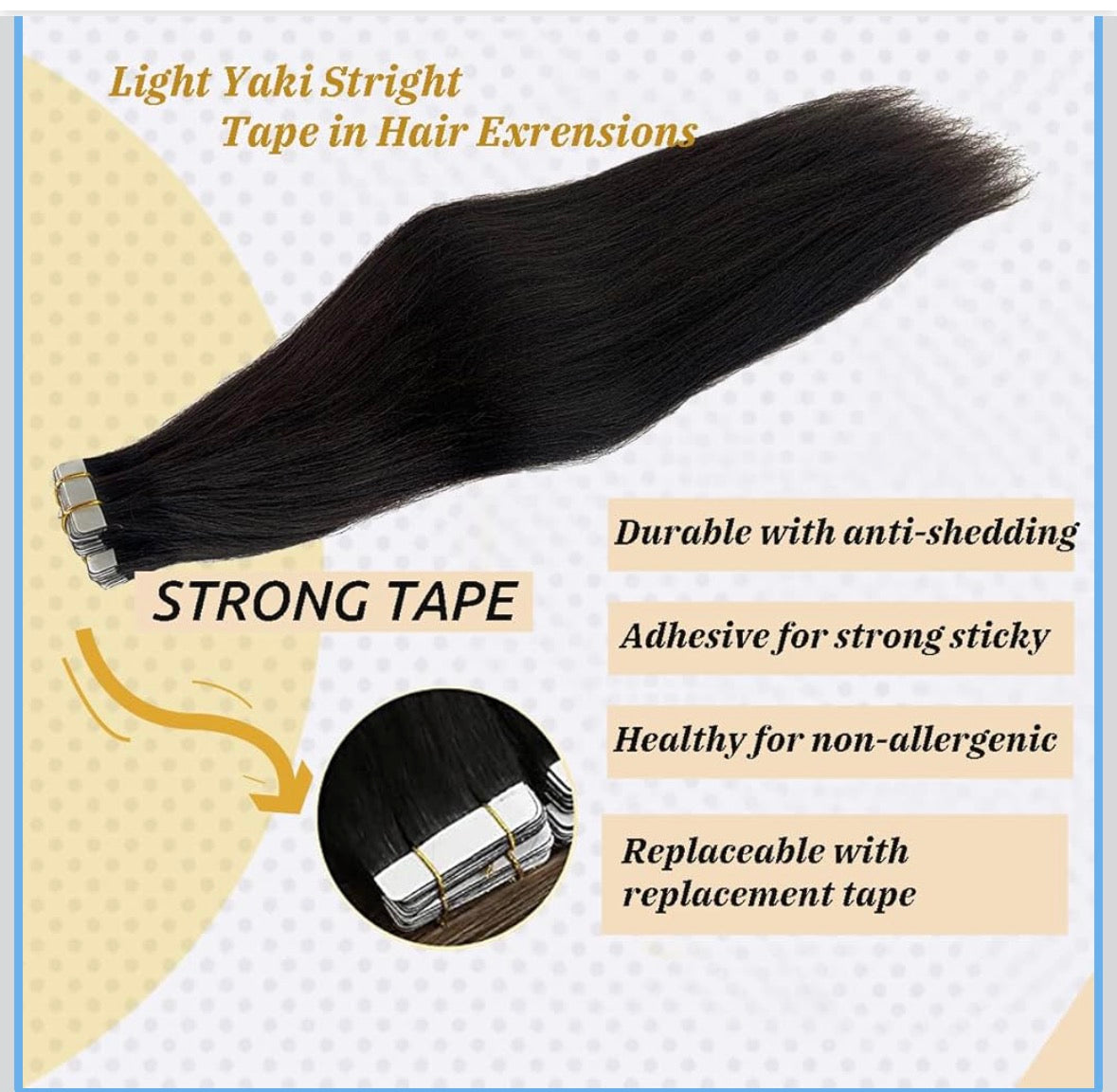 Human Hair Light Yaki Straight Tape in Extensions for Black Women - 20PCS Skin Weft - 9A Brazilian Yaki Hair